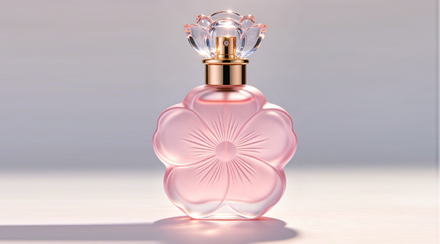 Frasco de perfume con forma floral.