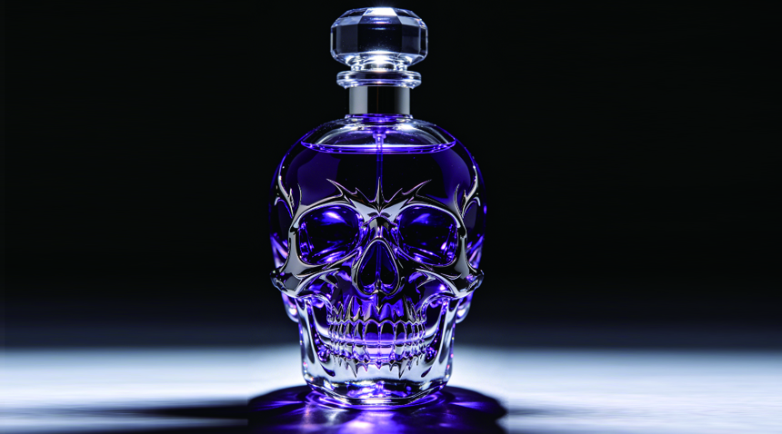 Frasco de perfume con forma de calavera.