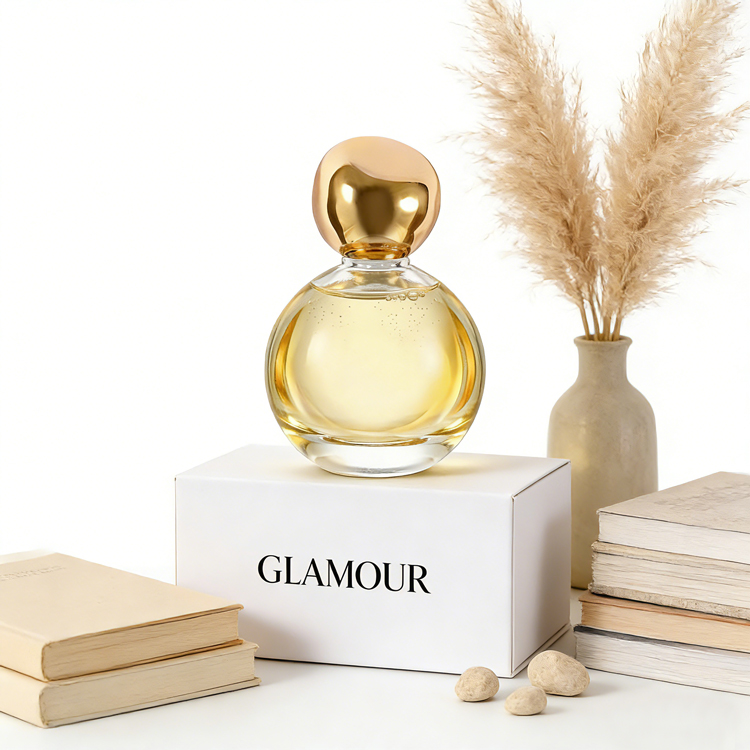  Botella de perfume de cristal esférica de lujo con tapa dorada, embalaje de fragancia personalizado de alta gama