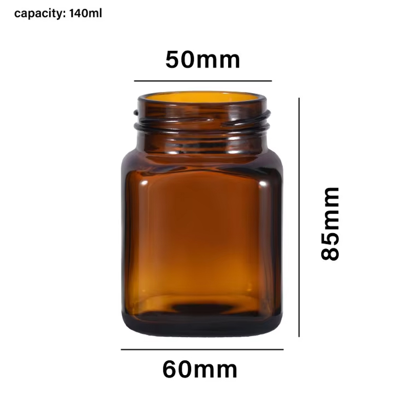 Tarro cuadrado de 140 ml, ámbar, especias, hierbas, sales de baño, pepinillos