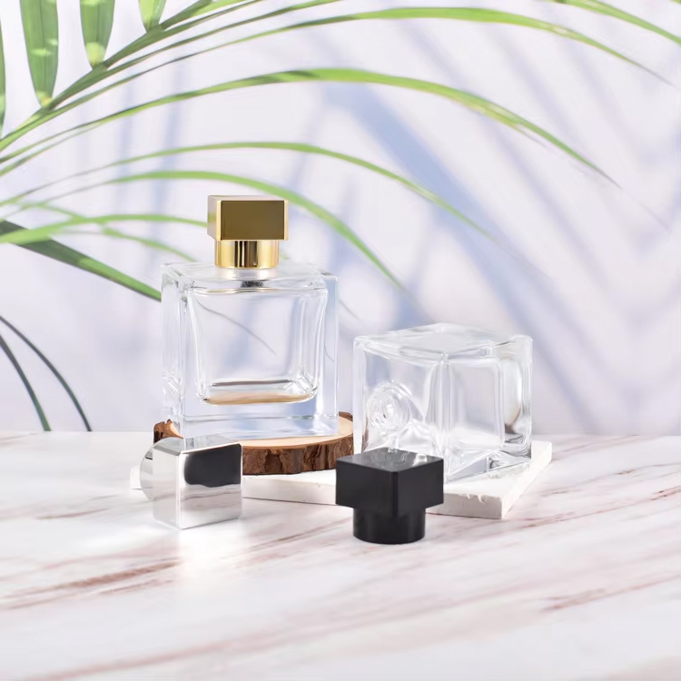  Botella de cristal de perfume transparente vacía rectangular de lujo de 100 ml, 50 ml y 30 ml con tapa