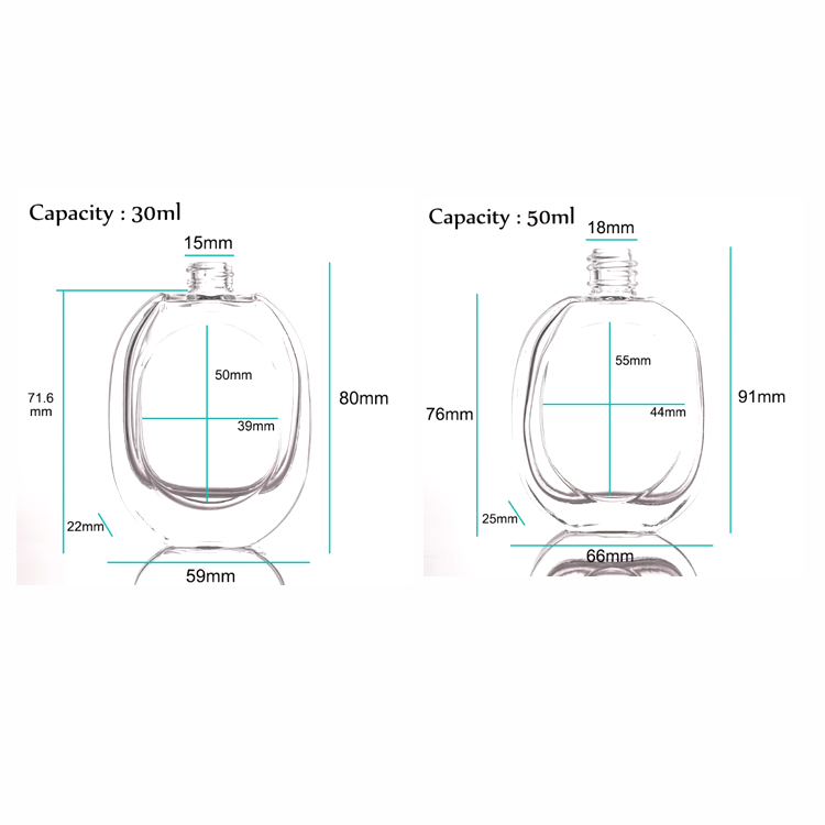 Botella de perfume reciclable de lujo del repuesto del vidrio transparente esmerilado 30ml 50ml con el casquillo negro del espray de la bomba