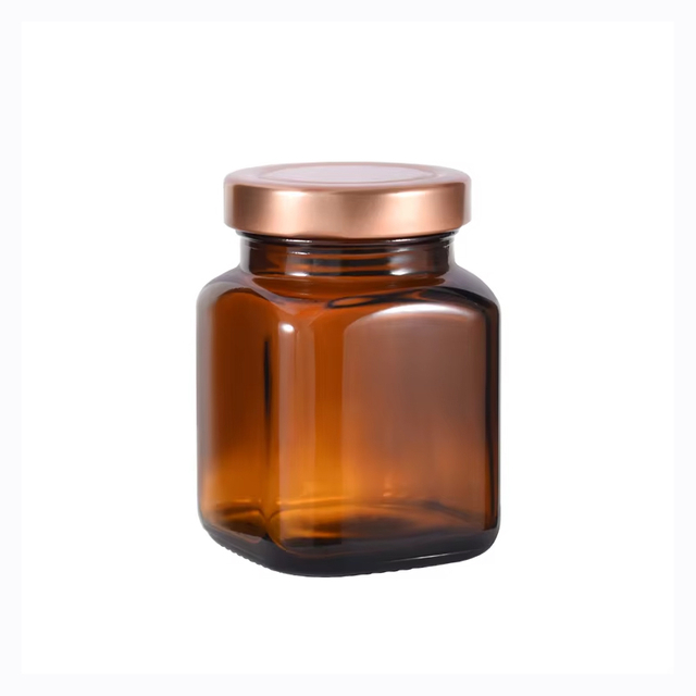 Tarro cuadrado de 140 ml, ámbar, especias, hierbas, sales de baño, pepinillos