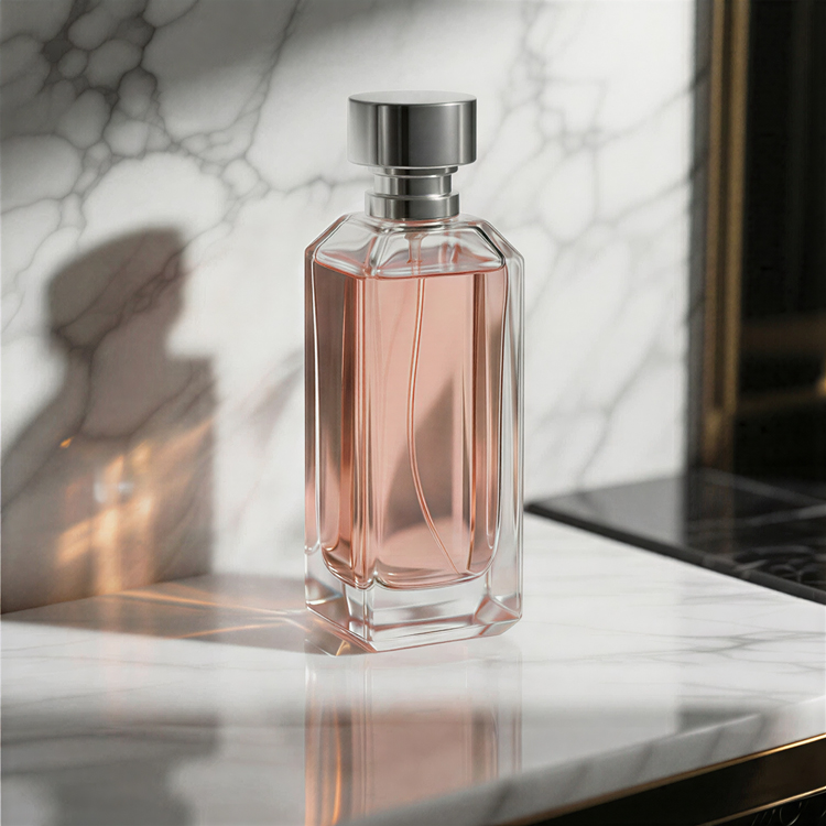 Botella de perfume de cristal facetada de lujo con tapa metálica, embalaje de fragancia premium de base gruesa