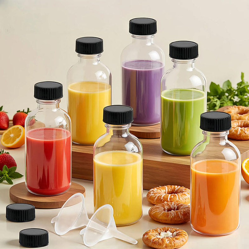 Botellas de bebida de vidrio transparente personalizadas de 60 ml, tapa de rosca redonda, serigrafía recargable para jugo 