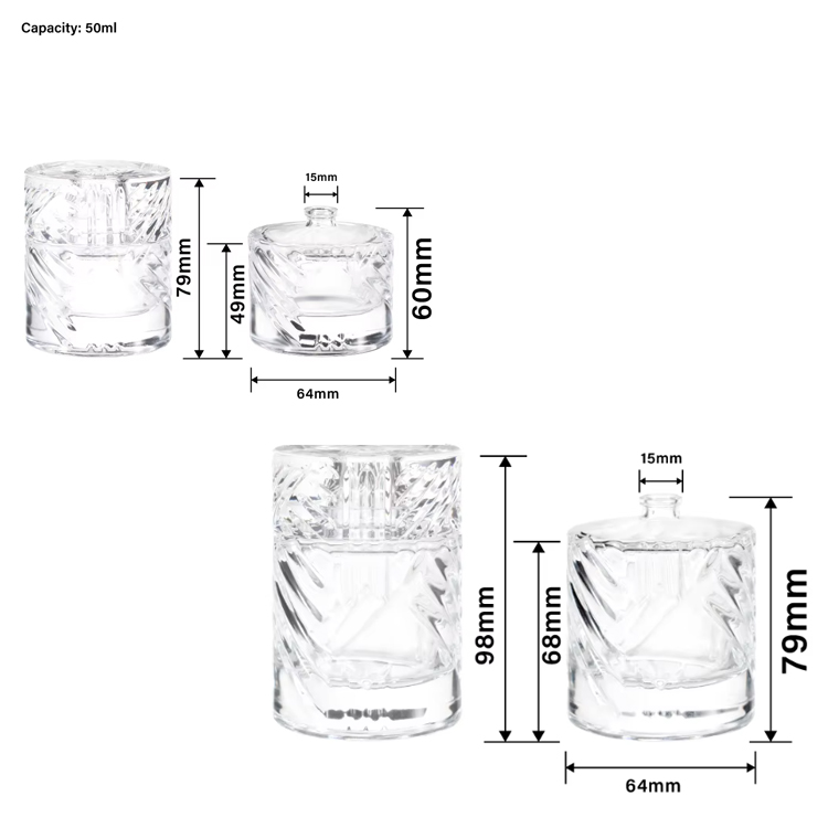 Botella de perfume del modelo 50 ml 100ml botella de perfume de cristal del espray de cristal de la forma del cilindro