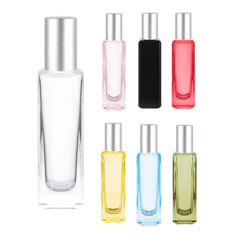 Botellas de perfume de tamaño de viaje, botellas de spray de vidrio transparente de 30 ml para perfume, botellas de perfume de color recargables, contenedor de aceite cosmético