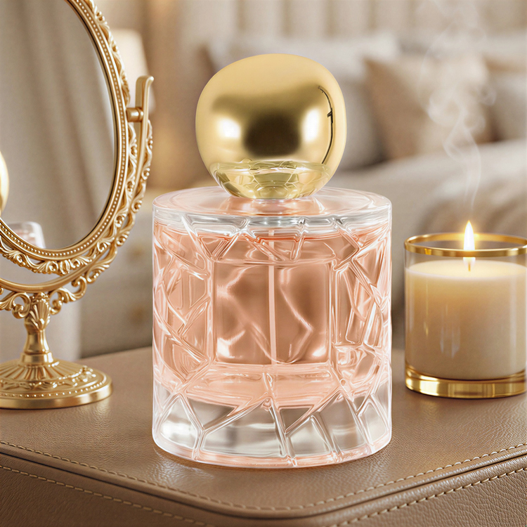 Botella de perfume de cristal redonda de lujo con corte de diamante de 50 ml y 100 ml con tapa de metal para envases de fragancia masculina