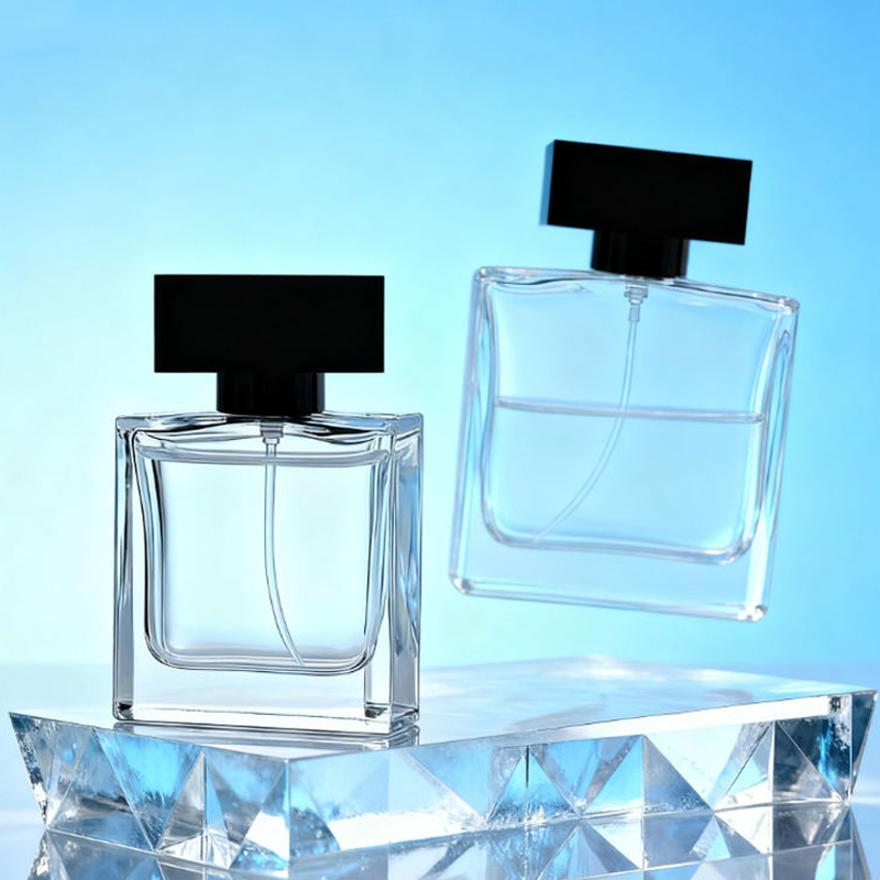 Botella de perfume de vidrio transparente cuadrada plana de alta gama elegante de 50 ml y 100 ml 
