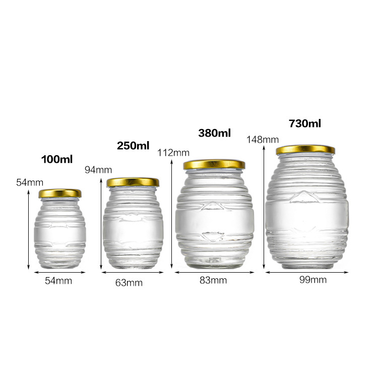 Tarro de miel de vidrio clásico Striation de 100 ml, 250 ml, 380 ml y 730 ml
