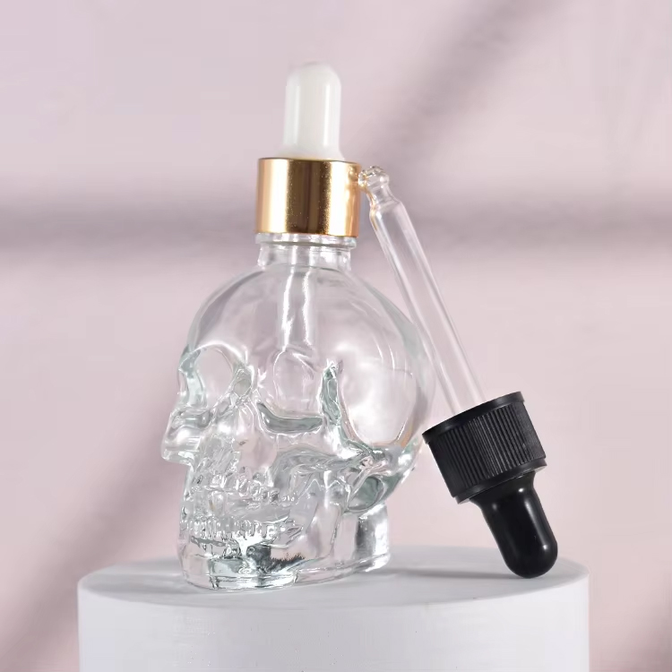 Botella cuentagotas de cristal con botella de aceite esencial de calavera vacía única de 50ml