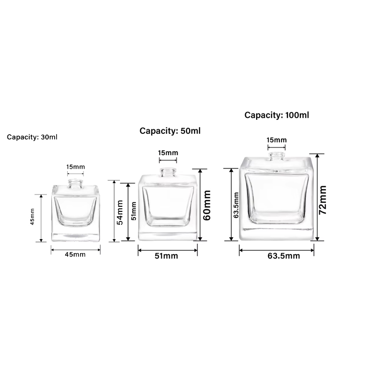  Botella de cristal de perfume transparente vacía rectangular de lujo de 100 ml, 50 ml y 30 ml con tapa