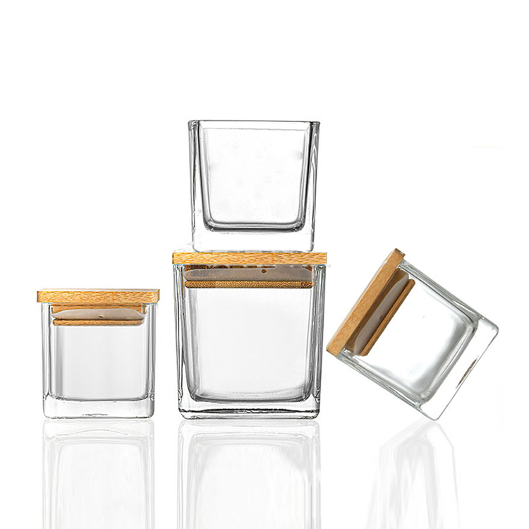 Los tarros cuadrados vacíos baratos de la vela de 80ml 120ml 200ml 300ml se despejan con la tapa de madera del corcho de la naturaleza