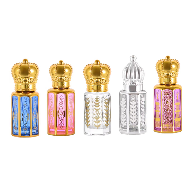 Botella octagonal de cristal 3ml 6ml 12ml con rodillo, botellas doradas de Attar de aceite esencial con revestimiento UV