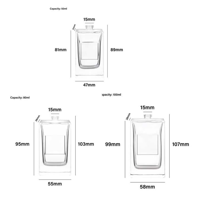 Botella de perfume vacía cuadrada única de 50 ml, 80 ml y 100 ml con tapa de rociador de lujo