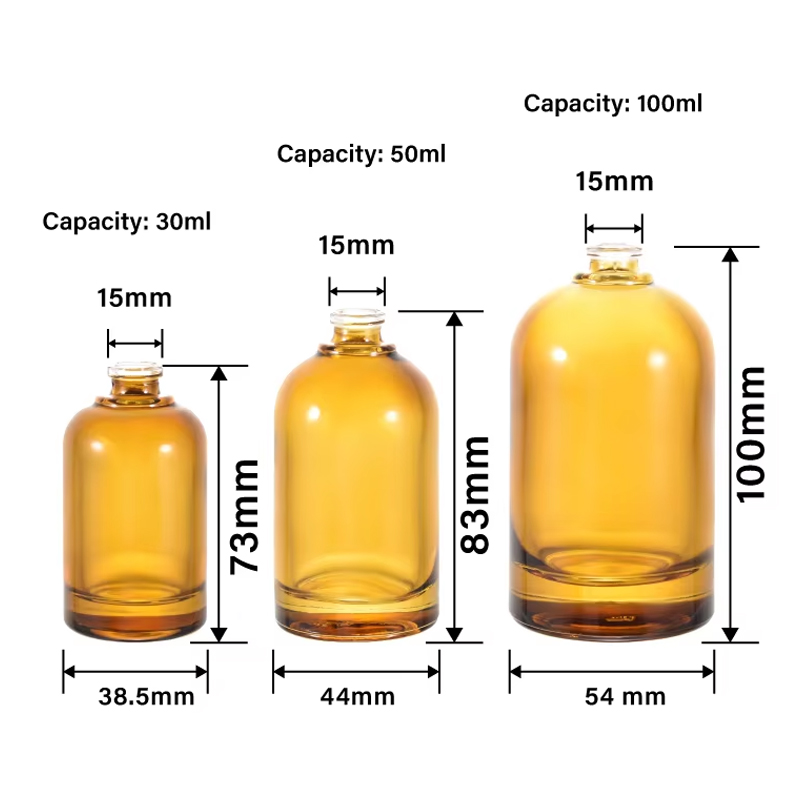 Botellas de perfume de cristal vacías redondas ámbar de encargo al por mayor del logotipo 30ml 50ml 100ml con el casquillo de madera