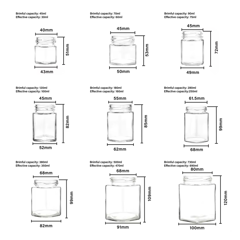 Frascos de vidrio hexagonales con tapa giratoria