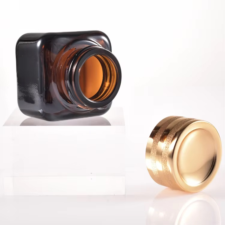 Tarro de crema de vidrio de 50g, crema cuadrada para ojos, cara, cosméticos marrones 
