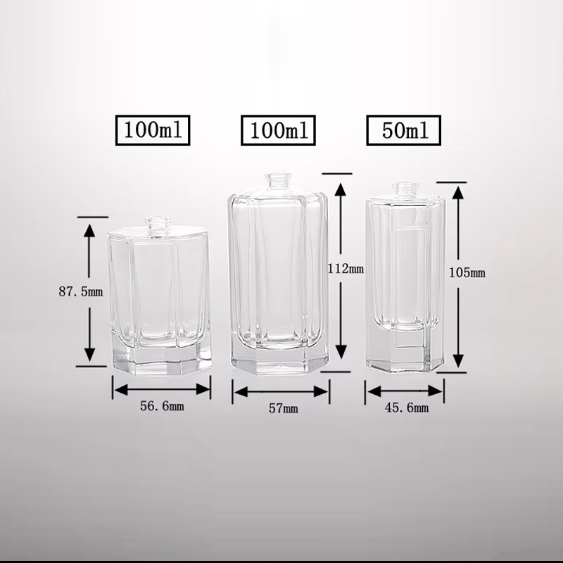 Botella de perfume hexagonal única de 50 ml y 100 ml con rociador de bomba con etiquetas personalizadas