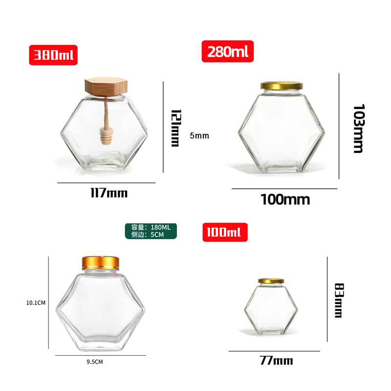 Frascos de miel de vidrio hexagonal de 3 oz, 6 oz y 9 oz con varilla