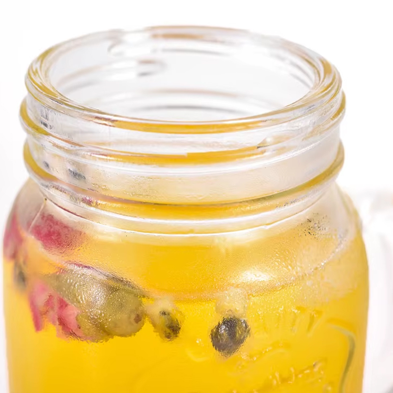 Taza transparente con forma de tarro para beber con asa y pajita