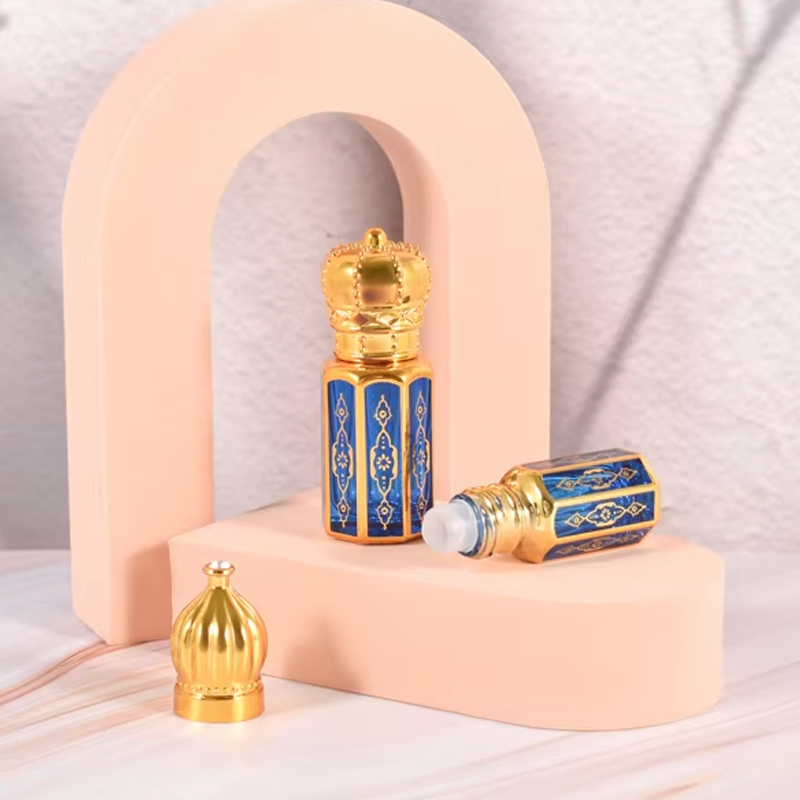 Botella octagonal de cristal 3ml 6ml 12ml con rodillo, botellas doradas de Attar de aceite esencial con revestimiento UV