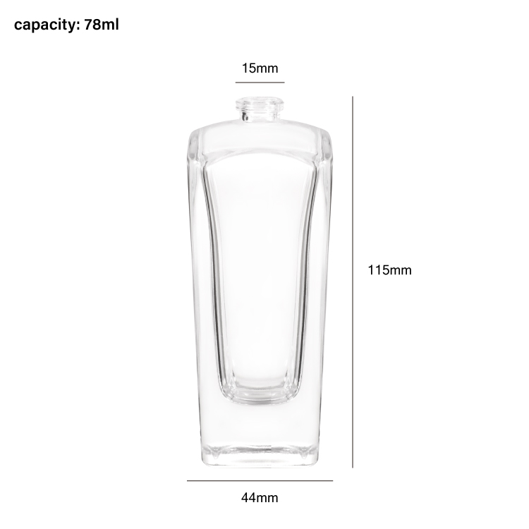 Botella de perfume de vidrio rectangular facetada de lujo de 78 ml con tapa galvanizada texturizada