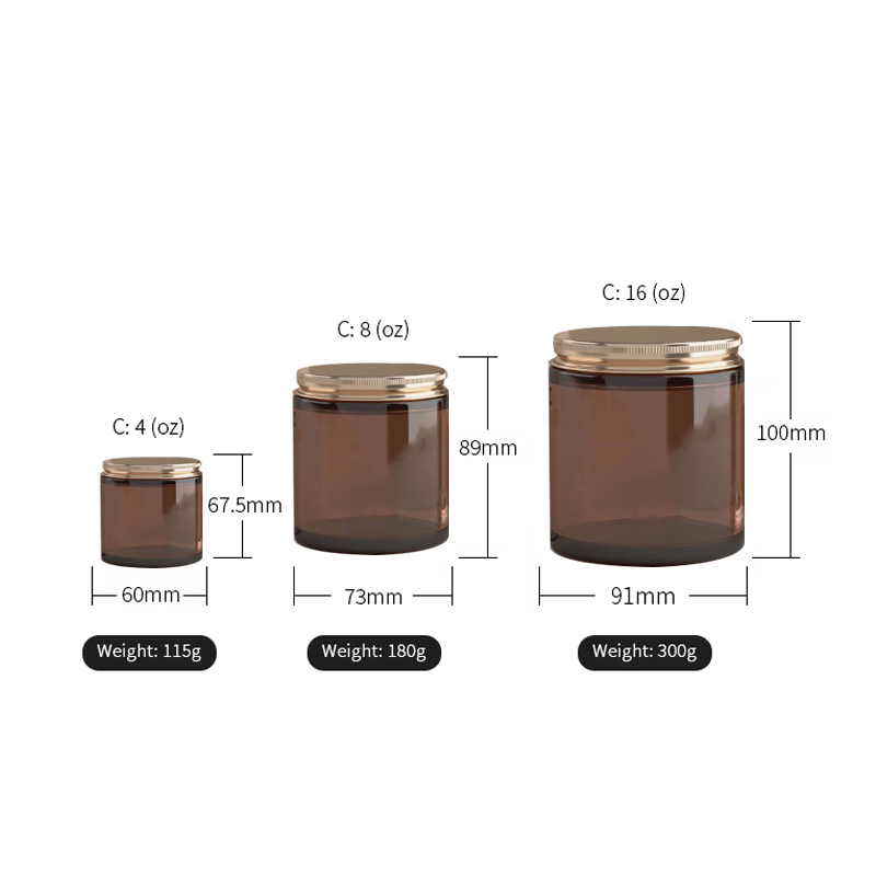 tarro de cristal echado a un lado recto vacío de lujo ámbar de la vela de 4oz 8oz 16oz con las tapas de aluminio del metal