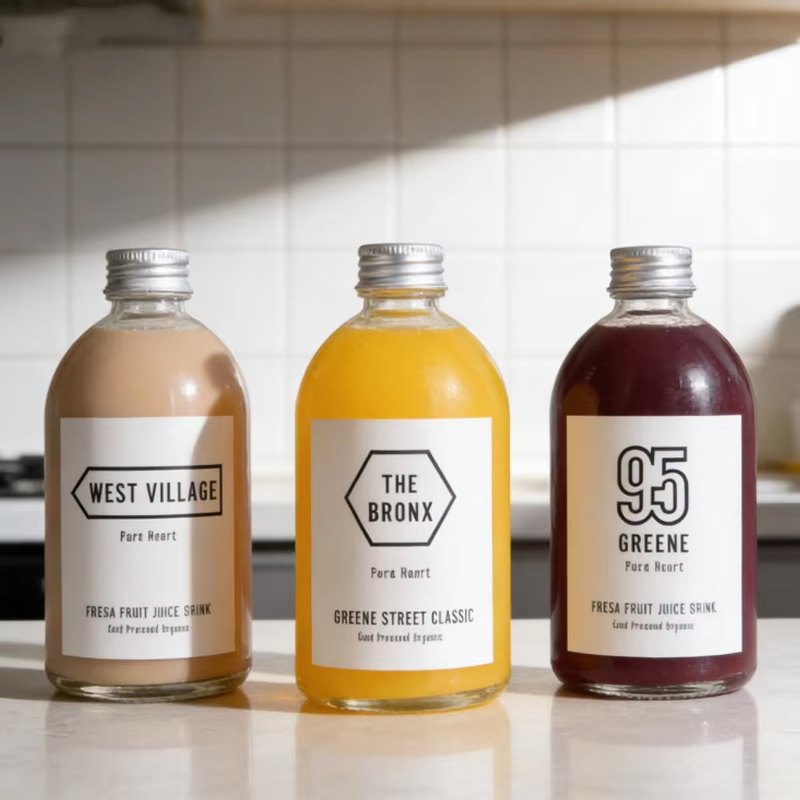 Comercio al por mayor de jugo de prensa en frío ecológico helado 150 ml 270 ml 350 ml 500 ml botella de vidrio redonda con tapón de rosca