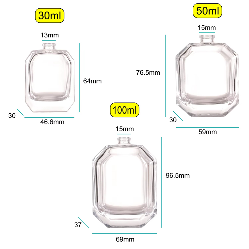 Botella de cristal de lujo 100ml 30ml Botella de spray de perfume 50ml Botella de perfume hexagonal vacía con embalaje