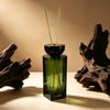 Botella difusora de láminas de vidrio cuadrado verde de primera calidad con tapa negra, botella difusora de aromaterapia personalizada para fragancia casera