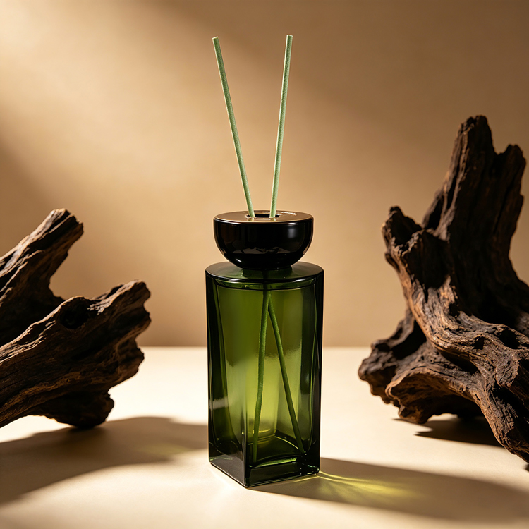 Botella difusora de láminas de vidrio cuadrado verde de primera calidad con tapa negra, botella difusora de aromaterapia personalizada para fragancia casera