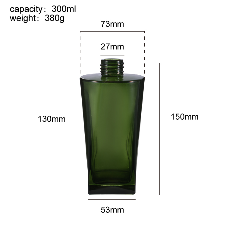 Botella difusora de láminas de vidrio cuadrado verde de primera calidad con tapa negra, botella difusora de aromaterapia personalizada para fragancia casera